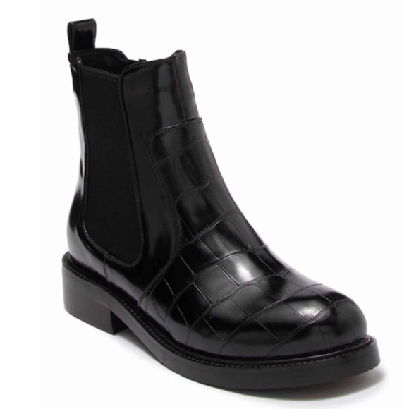 Jeffrey Campbell Lomon Croc Embossed Low Heel Leather Black Ankle Chelsea Boots - Picture 6 of 11